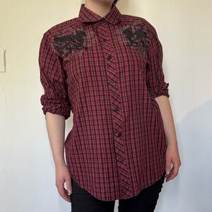 Red and Black Plaid Button Down Shirt with Gothic Embroidery and Print